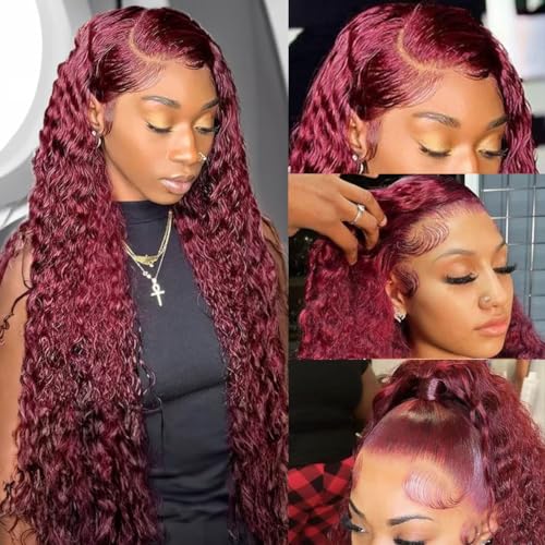 99J Burgundy 13x4 Deep Wave Lace Front Wigs Human Hair HD Transparent Lace Frontal Wig Human Hair Pre Plucked 99j Burgundy Deep Curly Wigs Human Hair For Women 180% Density 20 Inch