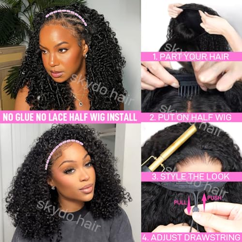 SKYDO Kinky Curly Half Wig Human Hair 250 Density Headband Wig Human Hair 3 in 1 Glueless Wear and Go Drawstring Seamless Flip Over Beginner Friendly Curly Wigs for Women 20inch