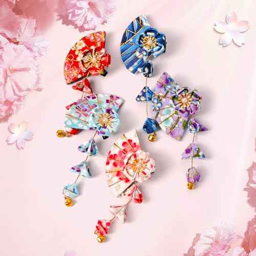 1 Pair Japanese Style Hair Clips Sector Tassel Hair Accessories Flower Kimono Traditional Hairpins Barrette Cherry Blossom Hair Clamp Bride Hanfu Accessory for Womens (Dark Blue)