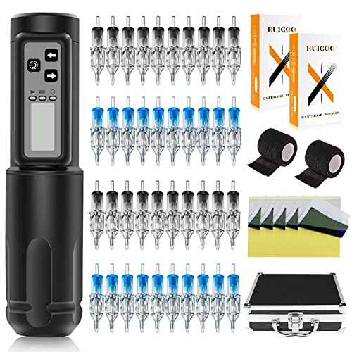 Tattoo Machine Kit - Ruicoo Complete Rotary Pen with Tattoo Cartridges Needles Tattoo Transfer Paper for Beginners and Artists