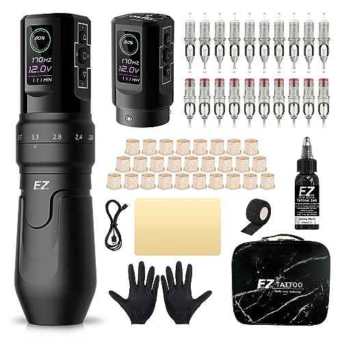 EZ Professional Tattoo Kit, P3 Pro Wireless Tattoo Machine Kit with 1600mAh Power Supply, Complete Tattoo Gun Kit for Beginners with Cartridge Needles Tattoo Ink Black (Matte Black)