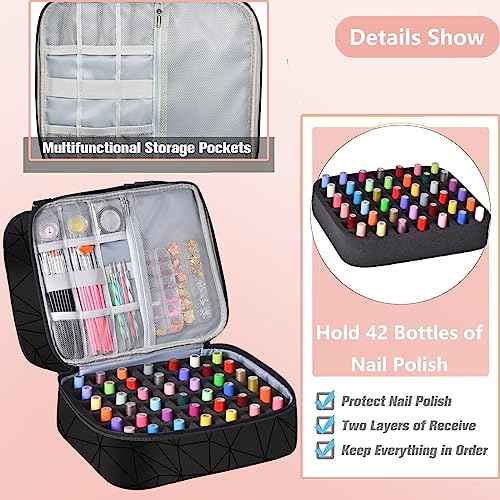 Nail Polish Organizer Case - Holds 42+ Bottles (15ml/0.5 fl.oz) and 1 Nail Lamp, Upgraded Double-layer Nail Polish Carrying Case Nail Polish Storage Bag with Handles (Black)