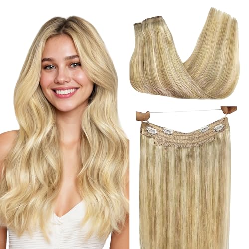 GOO GOO Wire Hair Extensions Human Hair, 16/22 Light Blondewith mix Golden Blonde Highlighted 16inch 95g, Invisible Wire Hair Extensions with Transparent, Seamless Fish Line Hairpiece