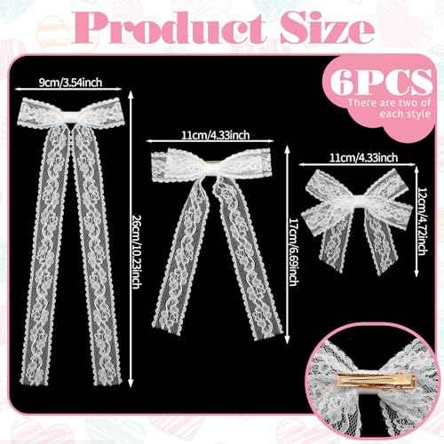 6 PCS White Lace Hair Bows with Long Tail Ribbons Metal Hair Clip with Long Tail Ribbon Bow Barrettes Alligator Hairpins Bride Wedding Gift Birthday for Women