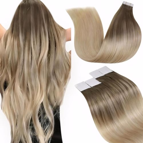 LaaVoo Tape in Human Hair Extensions Balayage Hair Tape in Extensions Ombre Brown to Ash Blonde with Platinum Blonde Tape on Extensions Real Straight Hair 22inch 50g 20pcs