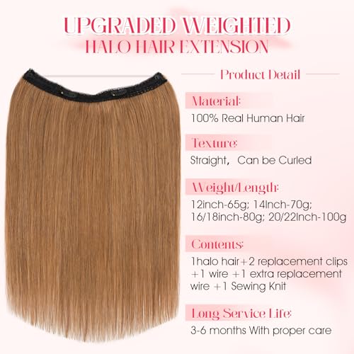 Rich Choices 100% Real Human Halo Hair Extensions for Women Remy Halo Extension Invisible Wire Hairpiece Clip in One Piece Hairpiece Upgrade Adds Weight 100g 20 Inch #6 Light Brown