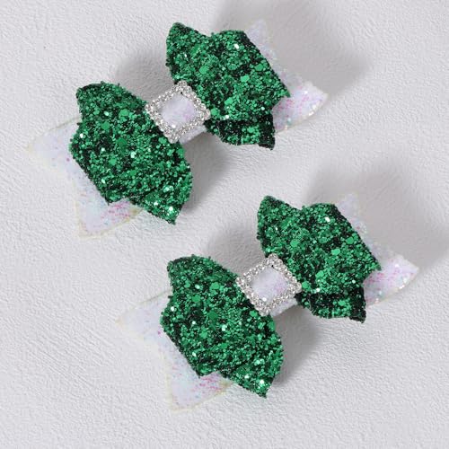 Glitter Hair Bow Clips 3.5 Inch Sweet Hairpins Girls Teens Kids Sparkly Hair Accessories for School Birthday Holiday Party Decor, White&Green