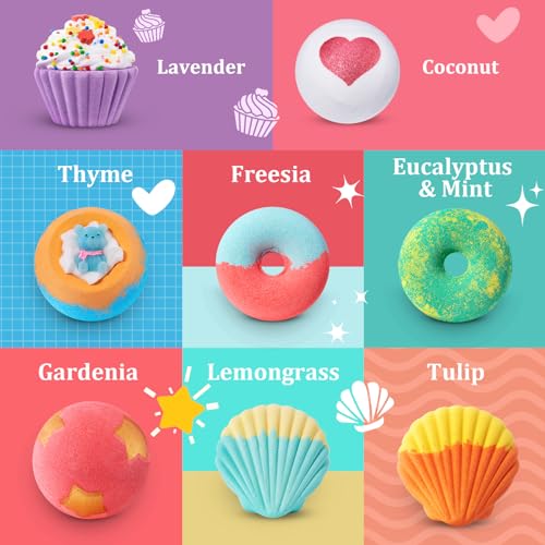Bath Bombs for Girls Kids & Women, 8pcs Organic Bath Bombs, Bubble Bath Self Care Valentines Birthday Christmas Gifts for Kids Girls, Mothers Day Gifts for Wife, Mom, Women & Her
