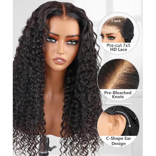 200% Density Deep Wave Wear and Go Glueless Wigs Human Hair Pre Plucked Pre Cut 7x5 HD Lace Front Wigs Pre Bleached Bye Bye Knots Deep Curly Lace Closure Wigs Human Hair for Women 18 Inch