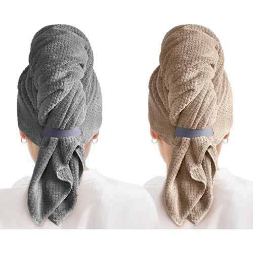 MABAO 2 Pack Microfiber Hair Towel Wrap for Women, Quick Dry Hair Turban Towel with Elastic Band, Microfiber Plopping Towel for Curly Hair, Stocking Stuffers for Women (Gray, Camel)