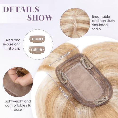 Hair Toppers for Women Real Human Hair 12 Inch Long Straight Toppers for Women with Thinning 7 * 13CM Silk Base Clip in Hairpieces with Bangs (Golden Brown & Bleach Blonde)