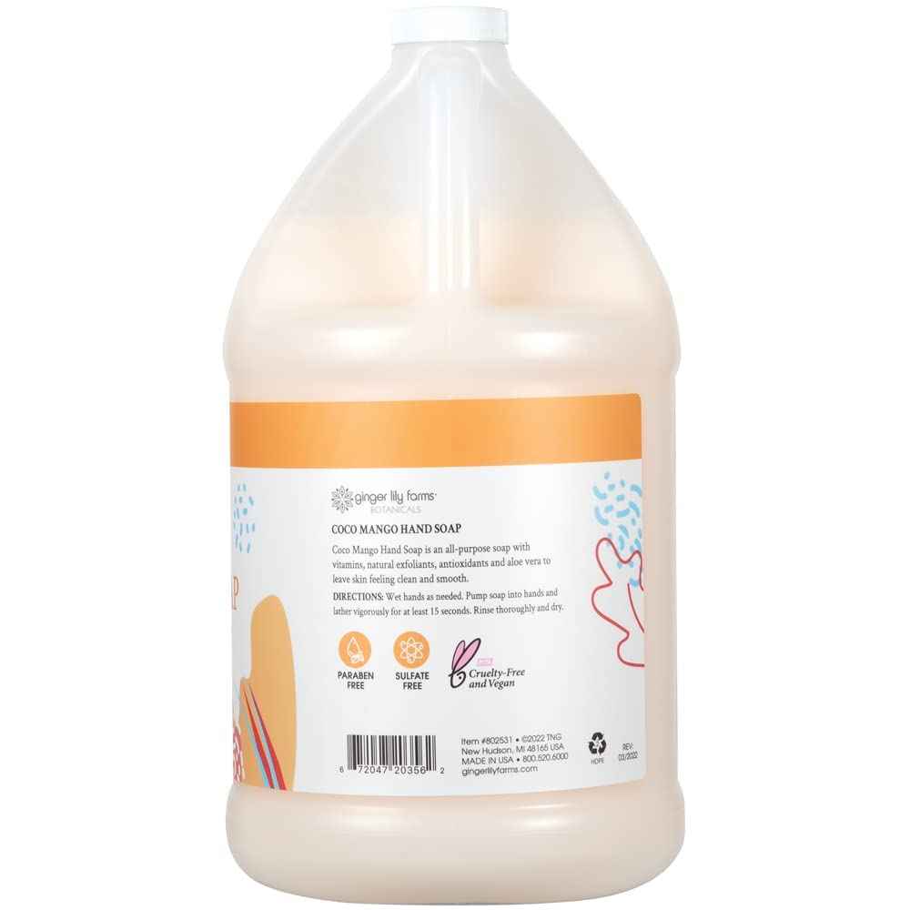 Ginger Lily Farms Botanicals All-Purpose Liquid Hand Soap Refill, Coco Mango, 100% Vegan & Cruelty-Free, Coconut Mango Scent, 1 Gallon (Pack of 4)