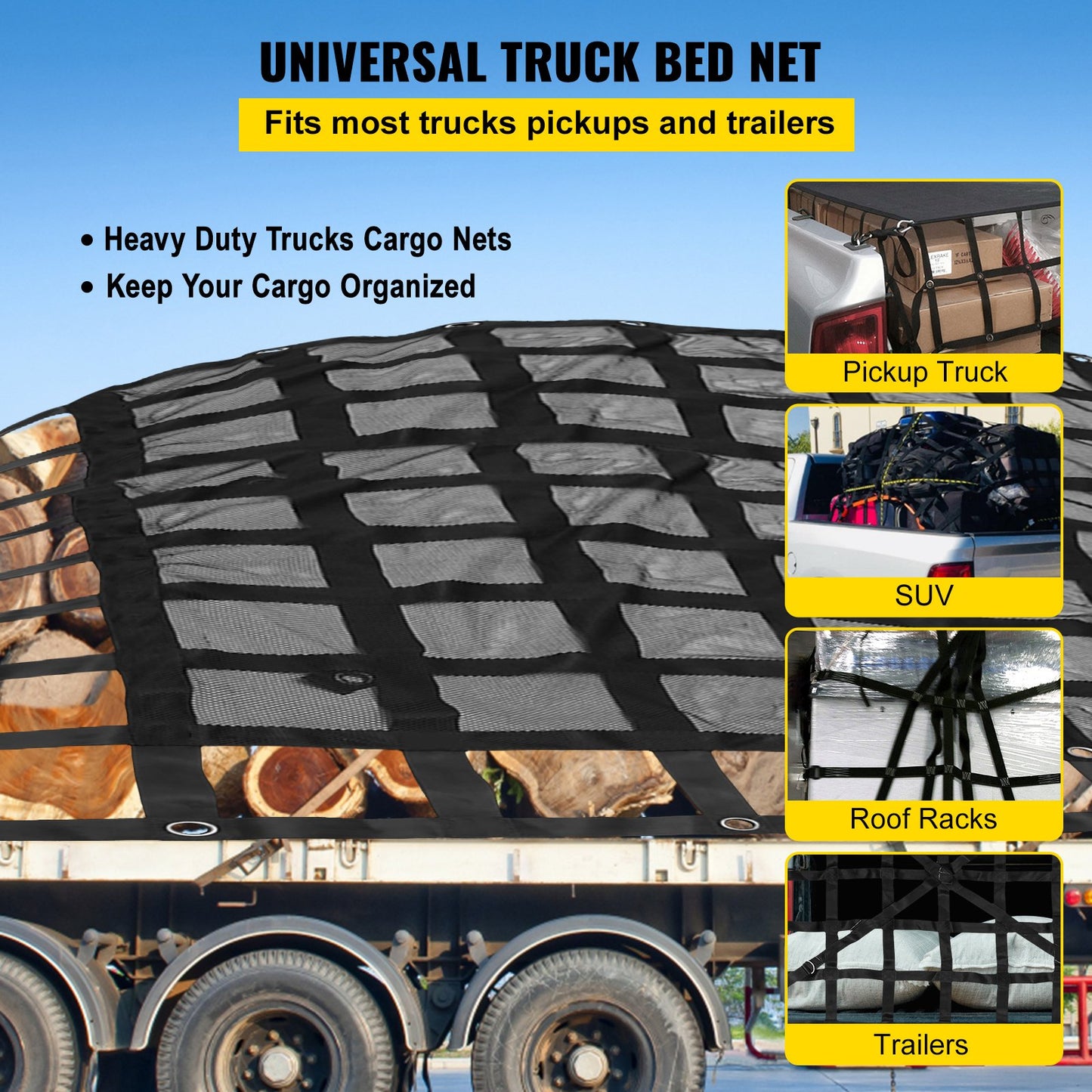 8' x 6.7' Heavy Duty Cargo Net for Pickup Truck Bed with Mesh Black