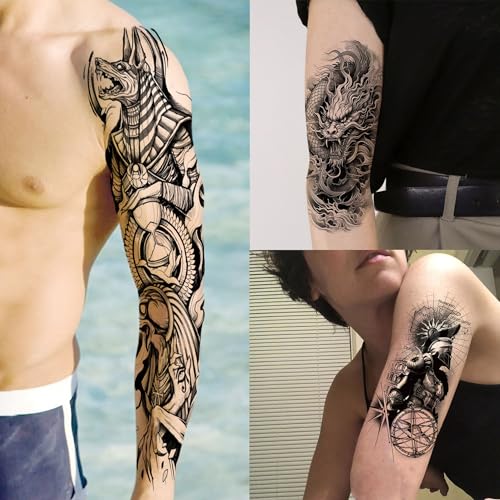 20 Sheets Black Zeus God Full Arm Temporary Tattoos For Men Adults Thigh, Bulk Temp Egypt Judgement God Albis Medusa Poseidon Fake Sleeve Tattoos For Women, Halloween Tattoo Sticker Anchor Ship Faith