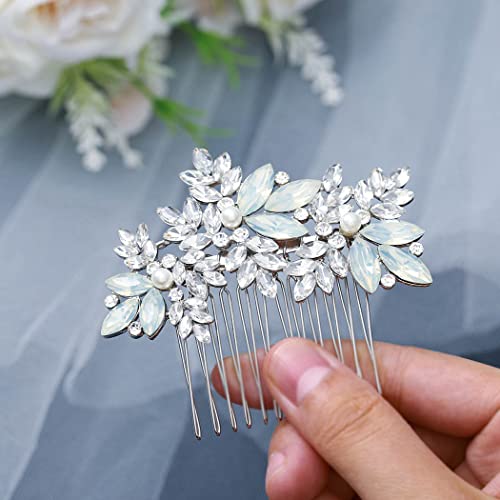 Foyte Crystal Wedding Hair Comb Leaf Bride Headpiece Silver Rhinestone Opal Hair Piece Bridal Side Hair Accessories for Women