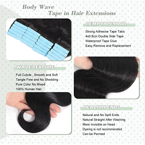 Tape In Hair Extensions 100% Real Remy Human Hair 100g 40pcs/Set Brazilian Virgin Hair Body Wave Tape Ins for Black Women Wavy Seamless Invisible Skin Weft Extensions 18 Inch