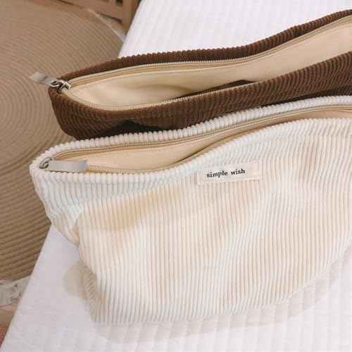 Wudygirl Travel Makeup Bag,Large Capacity Cosmetic Bag for Women,Corduroy Toiletry bag Handbags Purses Zipper pouch(Beige)
