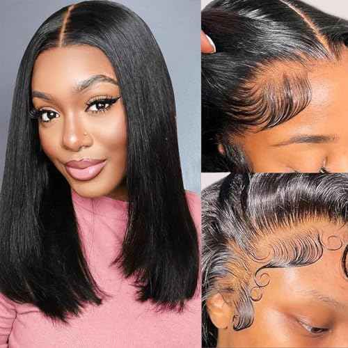 MUXFILLA 14 Inch Bob Wig Human Hair 13x4 HD Lace Front Wigs Pre Plucked Long Straight Hair Replacement Lace Frontal for Black Women 200% Density Glueless with Elastic Band, Nature Black
