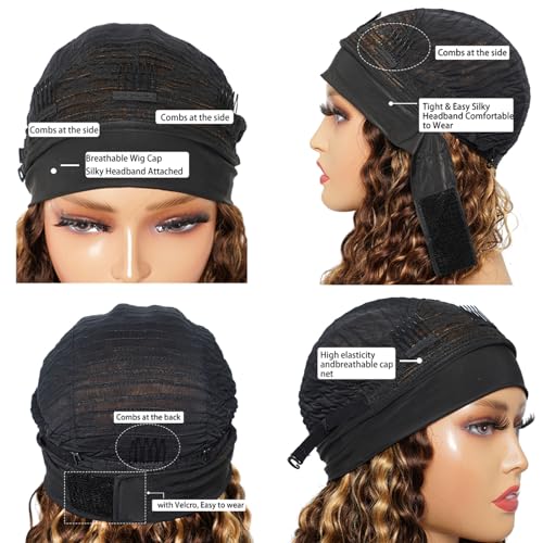 Headband Wig Human Hair Deep Wave 4/27 Human Hair Headband wigs for women Glueless None Lace Front Wig Machine Made 150% Density headband wig human hair with Headbands (22Inch)