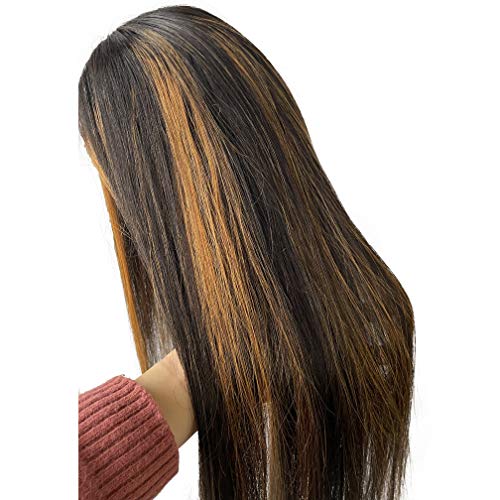 Ombre Blonde Human Hair Wig 13x4 HD Transparent Lace Front Black to Brown Blonde Human Hair Highlights 20" for Women Pre Plucked Ombre Honey Blonde Wig with Black Roots Pre Plucked Wigs 150% Density