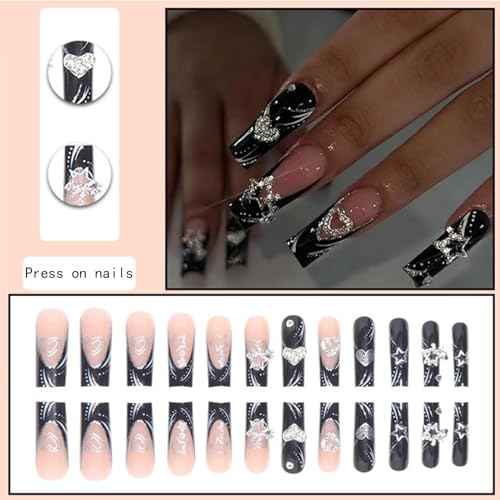 Fake Nails Black Long Press on Coffin Nails Heart Crystal Full Cover Acrylic French Shiny Fake Nails for Women and Girls 24PCS