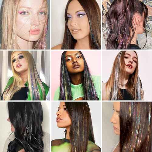 Hair Tinsel 12Pcs Clip in Rainbow Hair Accessories 20.5 Inch Fairy Hair Tinsel Kit for Women Girls Kids Glitter Extensions for Christmas Halloween New Year Party (Rainbow)