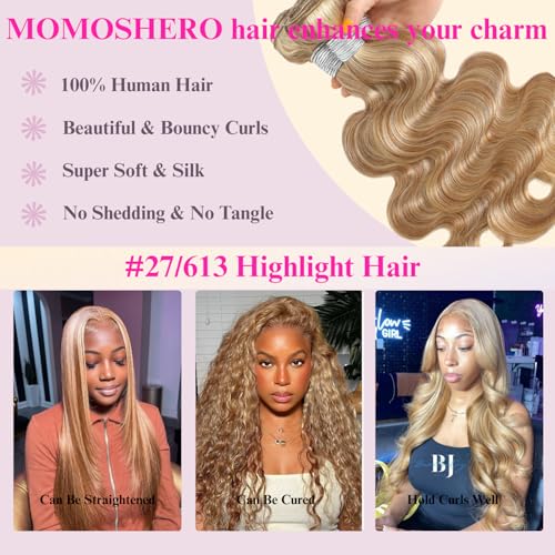 27/613 Blonde Highlight Bundle Human Hair Body Wave 24 Inch, 13A #F27/613 Highlight Blonde Human Hair Single Wavy Bundle Body Wave Soft Healthy 100% Unprocessed Virgin Hair Weave Extensions
