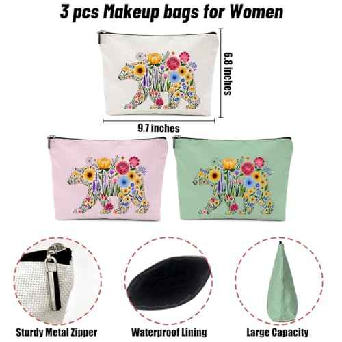 3 Pack Cute WildFlower Bear Flower Makeup Bag,Cosmetic Bags for Women,Travel Toiletry Bag Bears Themed Gifts for Women Florals Bears Loves Girls Trip Bachelorette Party Birthday Christmas Weekend