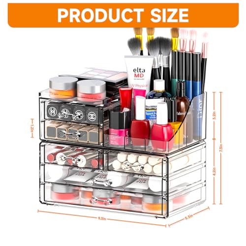 SuoXing Clear Acrylic Makeup Organizer for Vanity,Bathroom,Dresser,6 Drawer Cute Make up Organizers for Counter,Plastic Countertop Makeup Storage for Beauty,Jewelry,Brush,Cosmetic,Skin Care Organizer