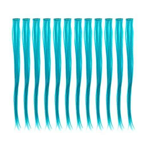 SWACC 12 Pcs Straight One Color Party Highlights Clip on in Hair Extensions Colored Hair Streak Synthetic Hairpieces (Teal Blue)