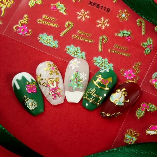 30 Sheets Christmas Nail Art Stickers Decals Set, Golden Cartoon Designs with Snowflakes, Snowmen, Trees, Reindeer, Bells, 3D Adhesive Embellishments, Shimmery Hexagonal Self-Adhesive Nail Decor