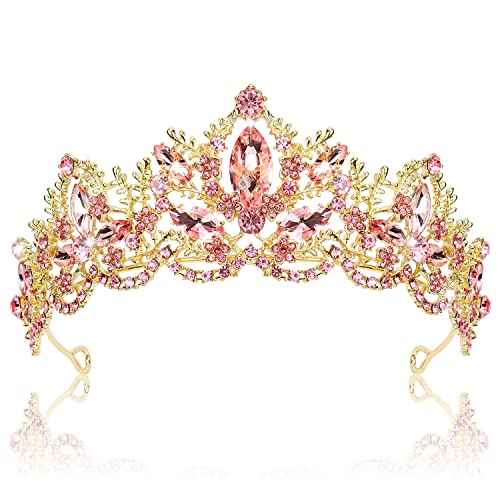 Pink Tiara for Women Gold Crown for Girls Wedding Princess Birthday Crystal Rhinestones Headbands for Prom Bridal Party Halloween Costume Christmas Gift
