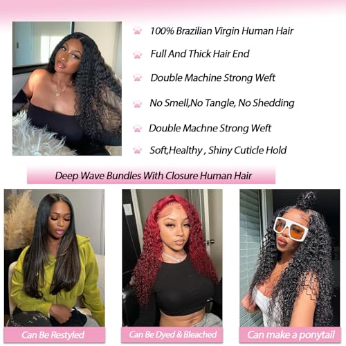 Deep Wave Bundles Human Hair With Closure 14 16 18 with14 inch 10A Unprocessed Brazilian Deep Curly Bundles Human Hair With 4x4 Lace Closure Natural Color Wet and Wavy Bundles