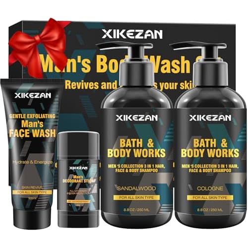 Gifts for Men,Mens Body Wash Gift Set Cleansing & Hydrating Skin w/Face Wash,Deodorant,Sandalwood & Cologne 3 in 1 Hair,Face & Body Wash,Mens Stocking Stuffers Christmas Gifts for Men Him Dad Husband