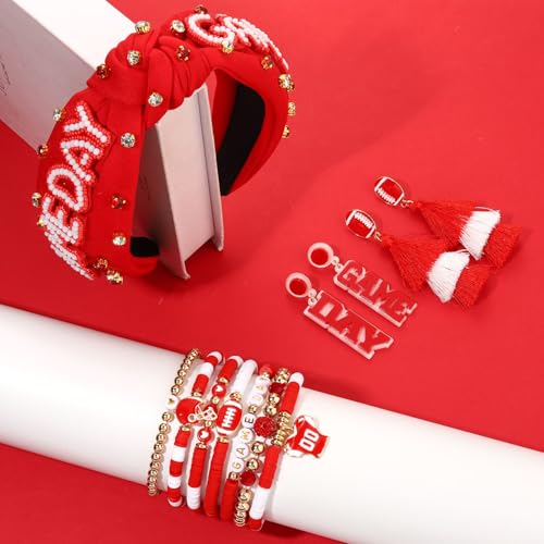 Game Day Headbands for Women Red Spirit Day Accessories Jeweled Football Headband Heishi Bracelets Game Day Tassel Earrings Football Mom Game Day Accessories Outfits Gifts