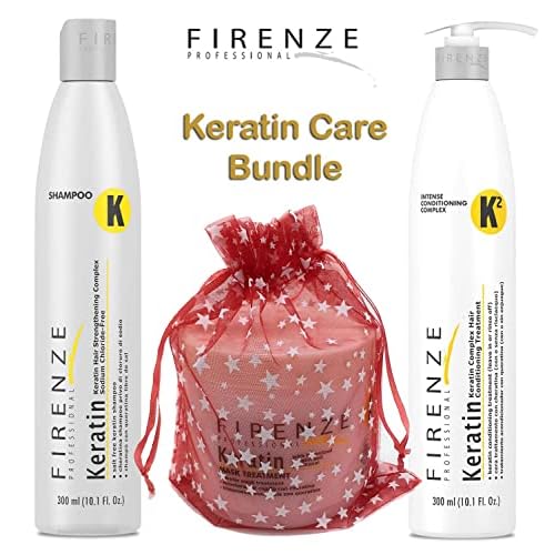 Firenze Professional Keratin Care Bundle - Keratin Shampoo, Intense Conditioner and Mask Treatment Pack with Free Red Gift Bag