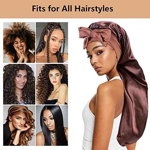 2pcs Long Satin Bonnets with Tie Band, Large Braid Bonnet Silky Hair Cap for Locs Women Sleeping, E