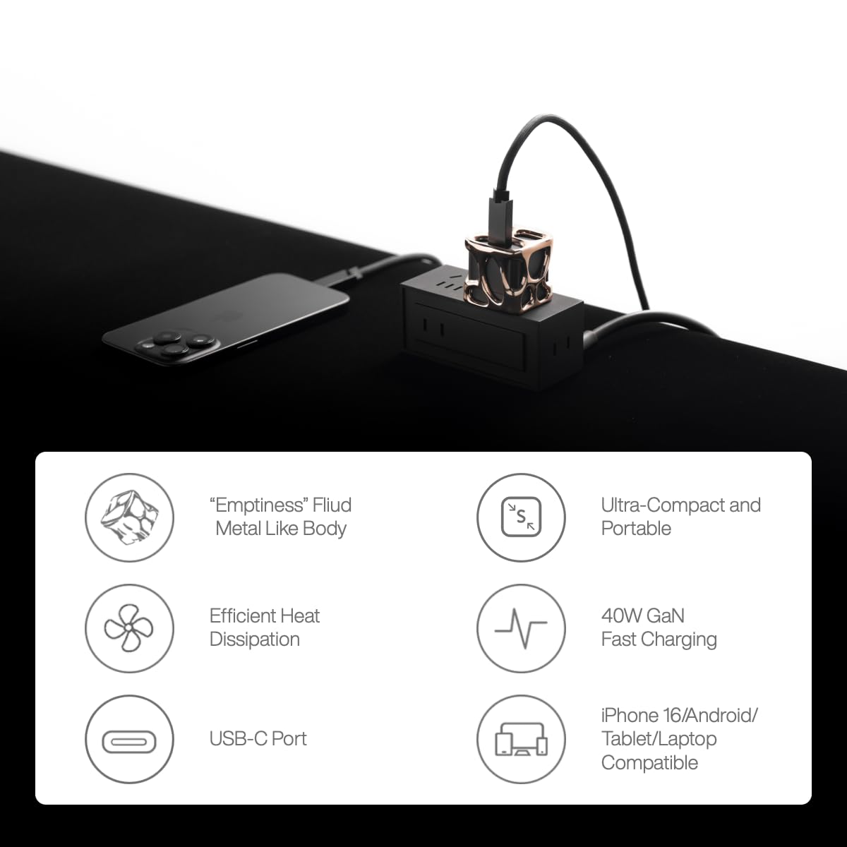 Angry Miao Emptiness USB C Charger Block 40W, GaN Portable Charger Fast Charging for iPhone 15/15 Plus/15 Pro/15 Pro Max, 14/13 Series, iPad, Galaxy, Andriod, Pixel(Cable Not Included),Glod