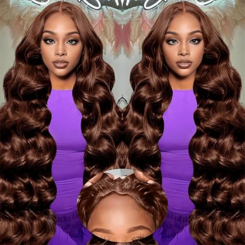 32 Inch Chocolate Brown Lace Front Wig Human Hair 9x6 Brown Glueless Wigs Human Hair Pre Plucked Pre Cut 220 Density Wear and Go Glueless Wig with Baby Hair Brown Body Wave Wig for Women Brown Wig