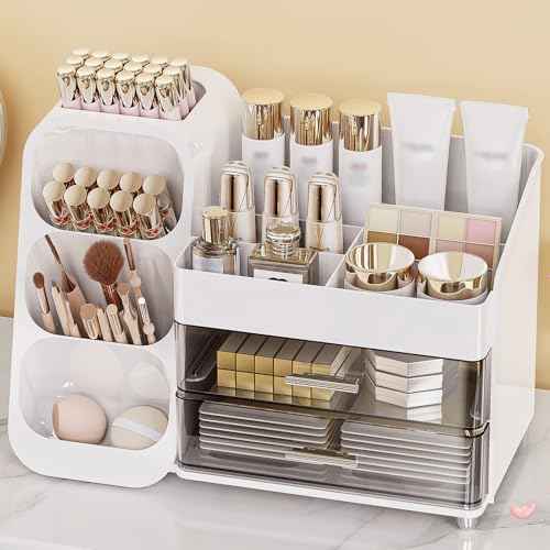 Makeup Organizer with Drawers, Skincare Organizer (Large Size Thick), Storage Box Cosmetic Display Cases, Make up Organizers for Vanity, Dresser, Desk, Kitchen, Countertop (White)