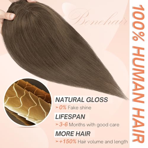 Benehair Hair Toppers for Women Real Human Hair 360¡Æ3D Clip in Bangs Toppers with Bang for Thinning 150% Density Hairpieces Lace Base Long Coverage Wiglet for Daily Use #02 Dark Brown 8Inch