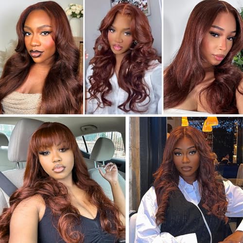 ALHER #33 Reddish Brown Body Wave 13x4 Lace Frontal Human Hair 20 Inch, Copper Brown Auburn Colored HD Transparent Lace Frontal Closure Ear to Ear 100% Virgin Remy Human Hair 150% Density