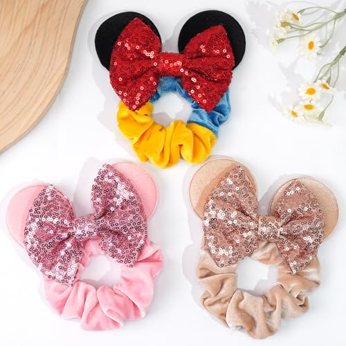 6 Pack Mouse Ears Scrunchies Velvet Sparkle Sequin Mouse Bows Hair Scrunchies Hair Ties Elastic Rubber Bands Ponytail Holders for Kids Women Girls Christmas Party Decoration