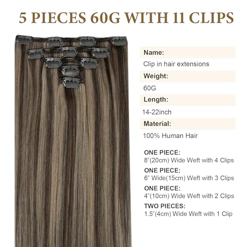 Clip in Real Human Hair Extensions for Women Straight Long Natural Clip on Real Human Hair Extensions Double Weft Chocolate Brown To Caramel Blonde Remy Brazilian Clip ins Hair 22 Inch 60G 5 PCS