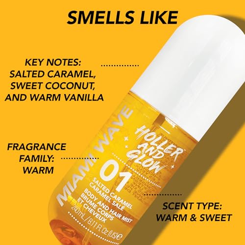 Holler and Glow Miami Wave Salted Caramel Body & Hair Mist, Body Spray For Women, Hair Perfume, Fragrance, Sweet Coconut, Vanilla Scented, Warm & Sweet Fragrance Notes, 8.11 Fl Oz