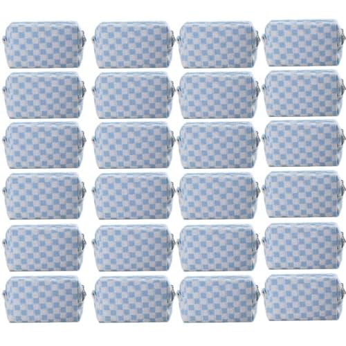 24 PACK Checkered Makeup Bag- Bulk Bridesmaid Proposal Gifts Makeup Pouch for Wedding Party Favors Bachelorette Party Decorations Toiletry Organizer Bag Cosmetic Case Gift (Blue)