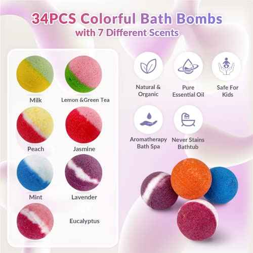 34 + 6 Bath Bombs with Crystal Toys Inside for Kids, 34PCS Organic Surprise Bath Bomb Gift Set for Christmas, Birthday, Easter, Natural Fizzy Bath Home Spa, 6PCS Gift Bags for Girls and Boys