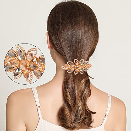 Floral Rhinestone Hairpin Luxury Crystal Flower Hair Barrette Clip (Champagne)