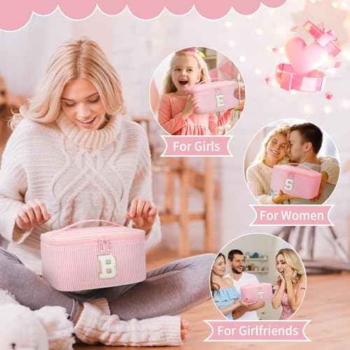 OCHEAL Makeup Bag for Women, Monogram Cosmetic Bag with Brush Holder, Pink Travel Makeup Case Beauty Toiletry Bag Organizer Personalized Gifts for Girls Bridesmaid, Sister, Wife, Friends Initial G