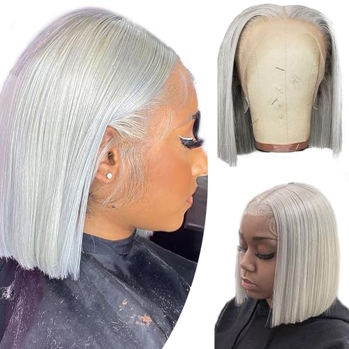 Grey Bob Wigs Human Hair 13¡¿4 Grey Lace Front Wigs Human Hair HD Lace Frontal Wigs 180 Density Grey Human Hair Bob Wigs for Black Women 12 Inch